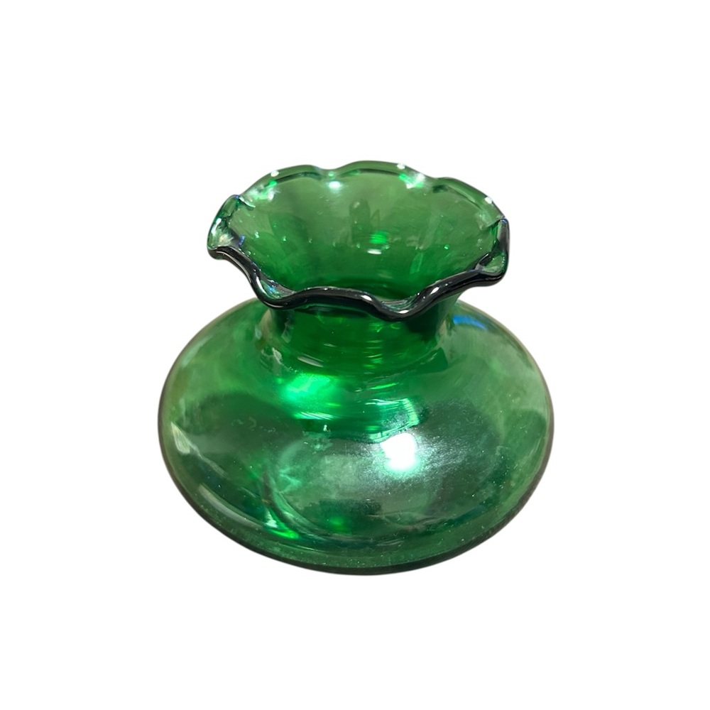 Vintage Green Glass Ruffled Vase Candle Holder Emerald Small Bud Vase